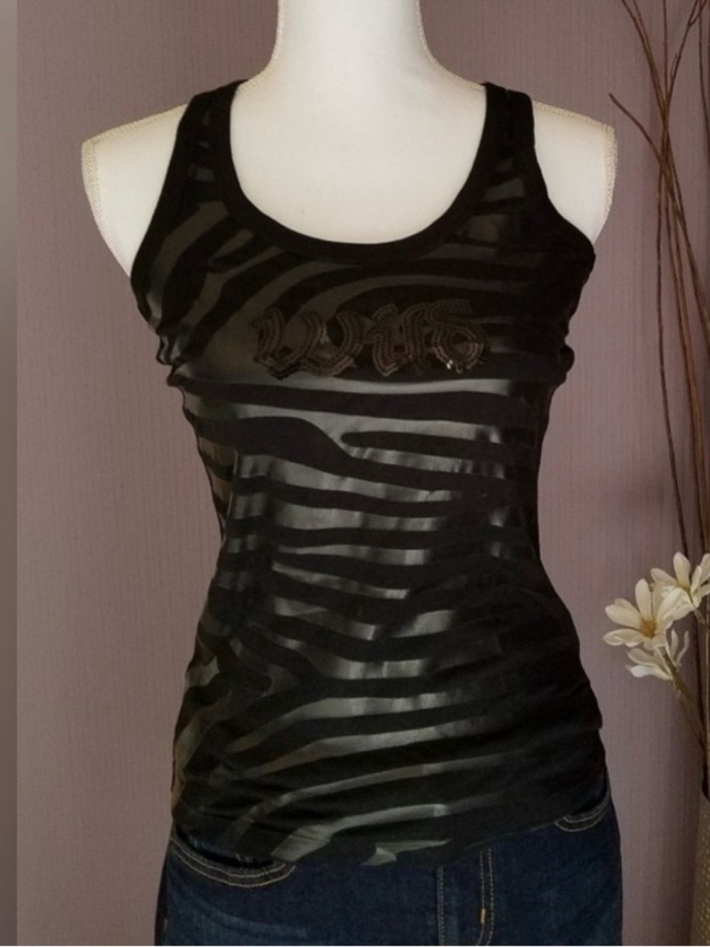 Stradivarius Black Zebra Print Sequins Racerback Tank Top from Spain